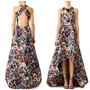 ML Monique Lhuillier Multi Floral High Low Gown Dress Black Pink Cross - Size 0